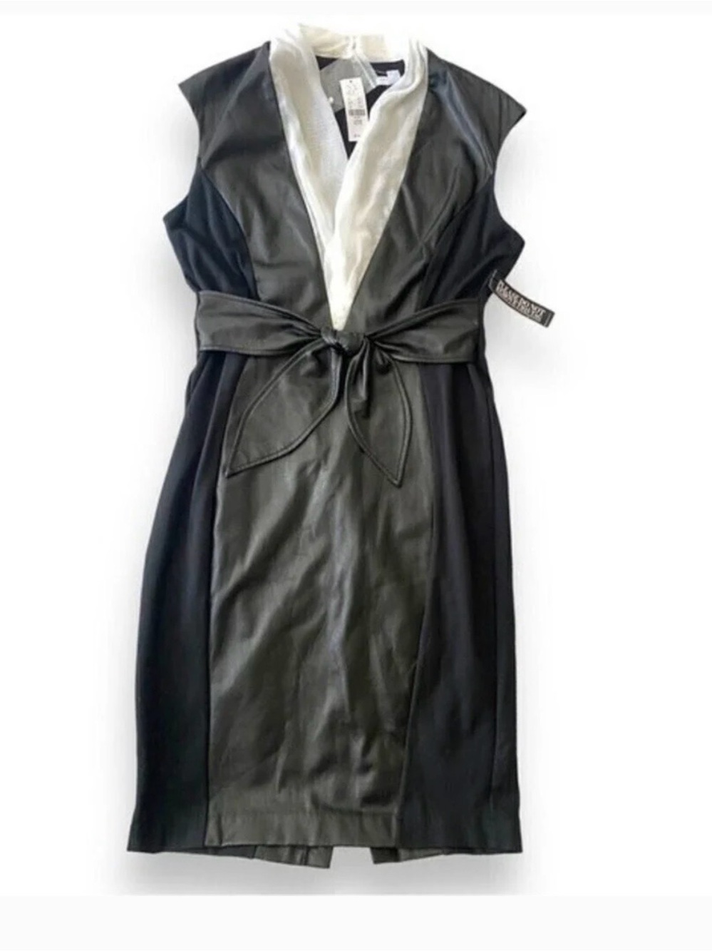 New York & Company Black and White Faux Leather V-Neck Midi Dress with Waist Tie